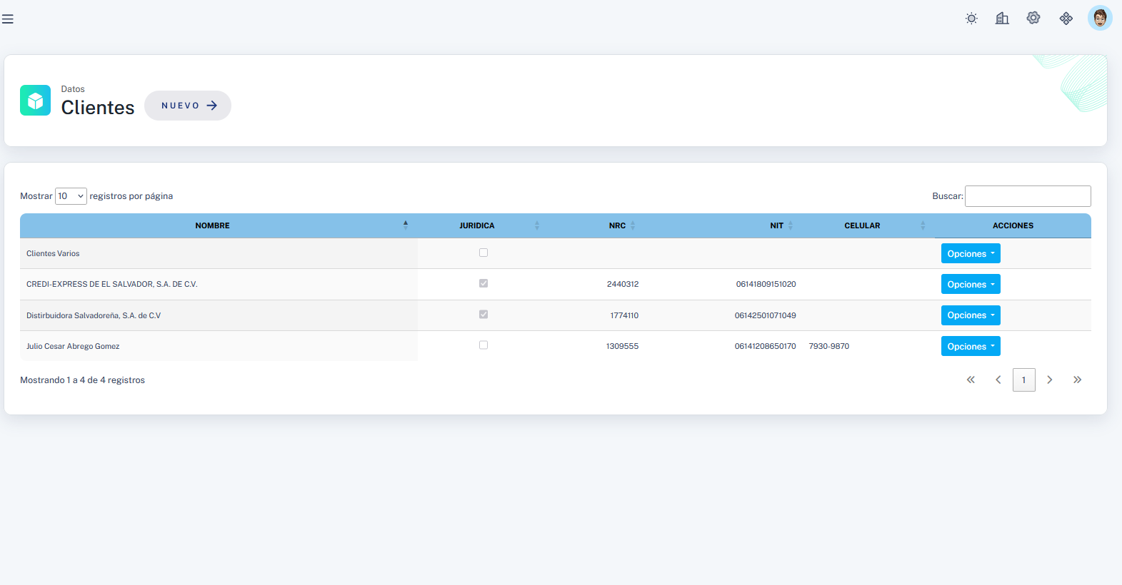 Lista de clientes con NIT, NRC y datos fiscales