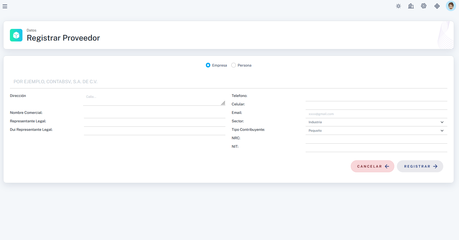 Lista de proveedores con NIT, NRC y opciones