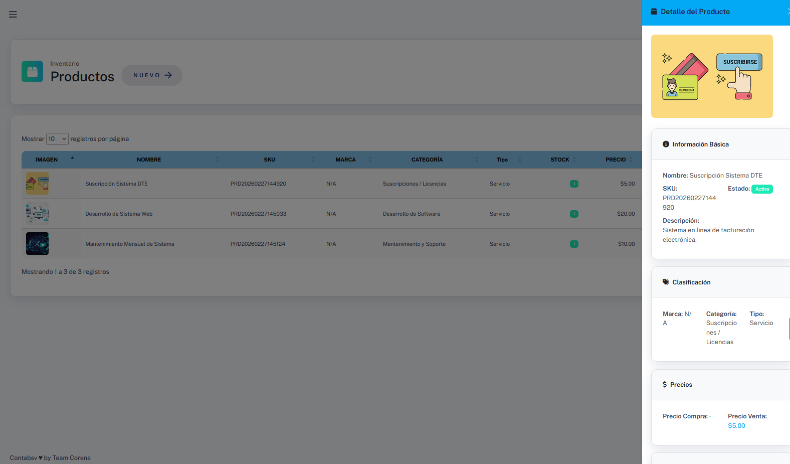 Lista de productos con panel de detalle lateral