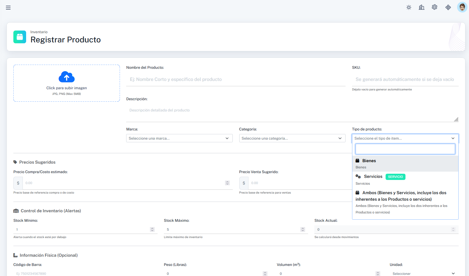 Formulario de registro de producto con todos sus campos