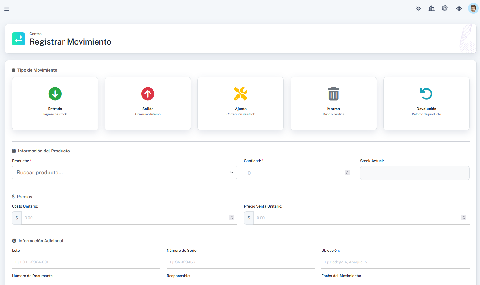 Formulario de registro de movimiento de inventario