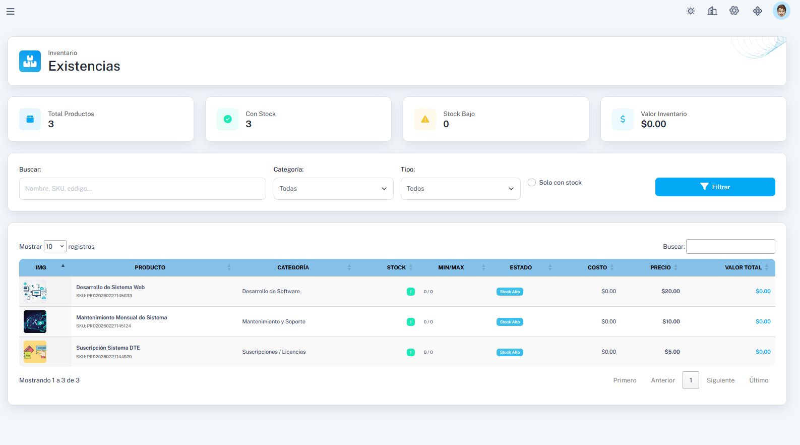 Vista de existencias de inventario ContabSV