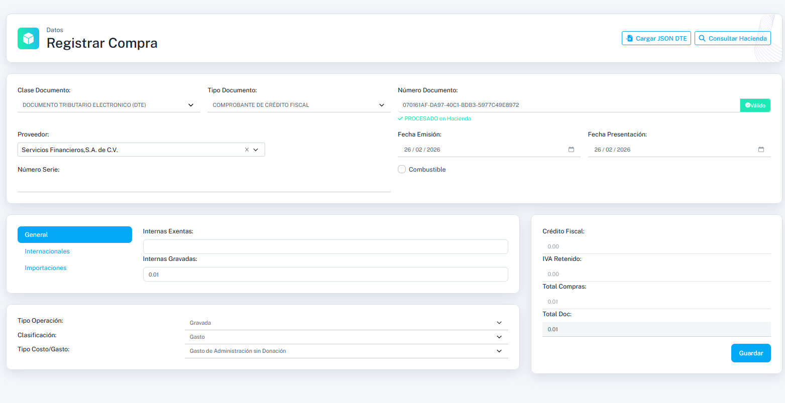 Pantalla principal del módulo de compras ContabSV