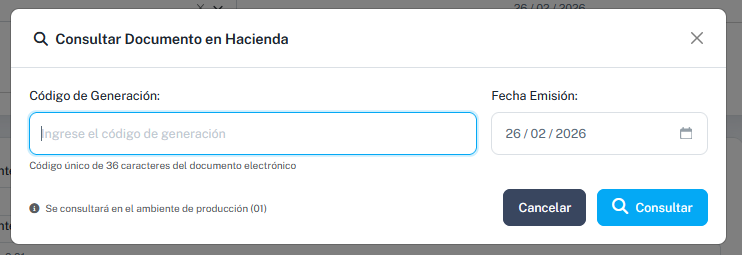 Modal de consulta de documento en Hacienda