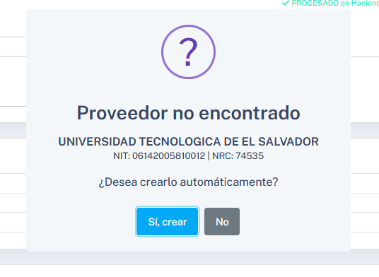 Modal de creación automática de proveedor
