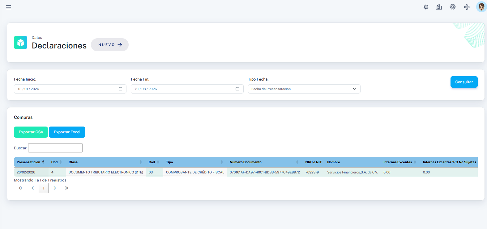 Módulo de declaraciones con libro de compras exportable
