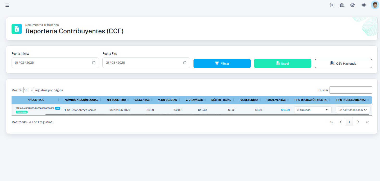 Reportería Contribuyentes CCF con exportación CSV y Excel