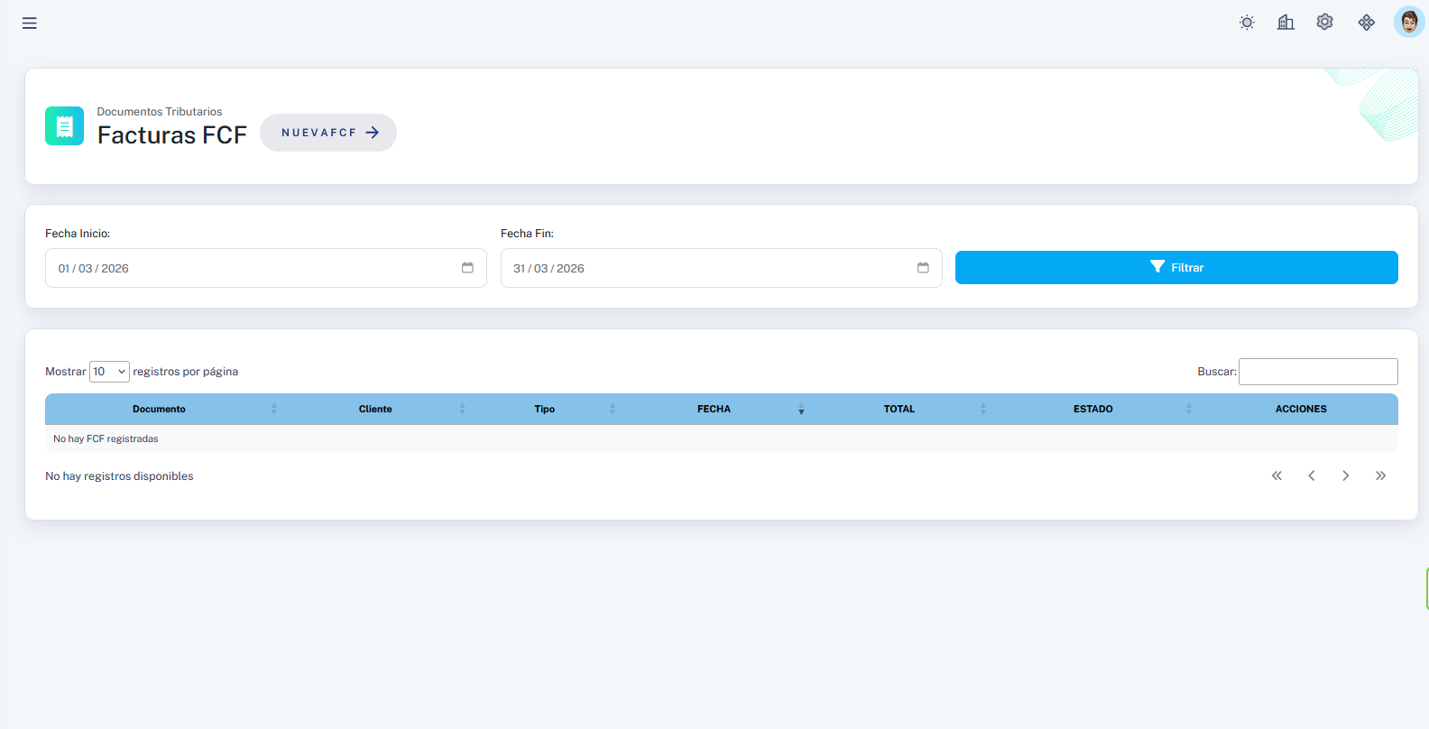 Lista de facturas FCF con filtros y tabla