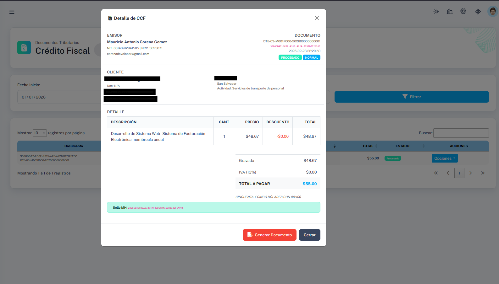 Detalle de CCF con sello del Ministerio de Hacienda