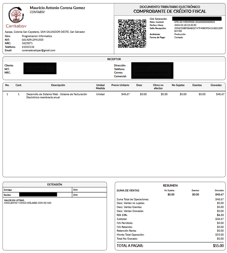 PDF de Comprobante de Crédito Fiscal generado