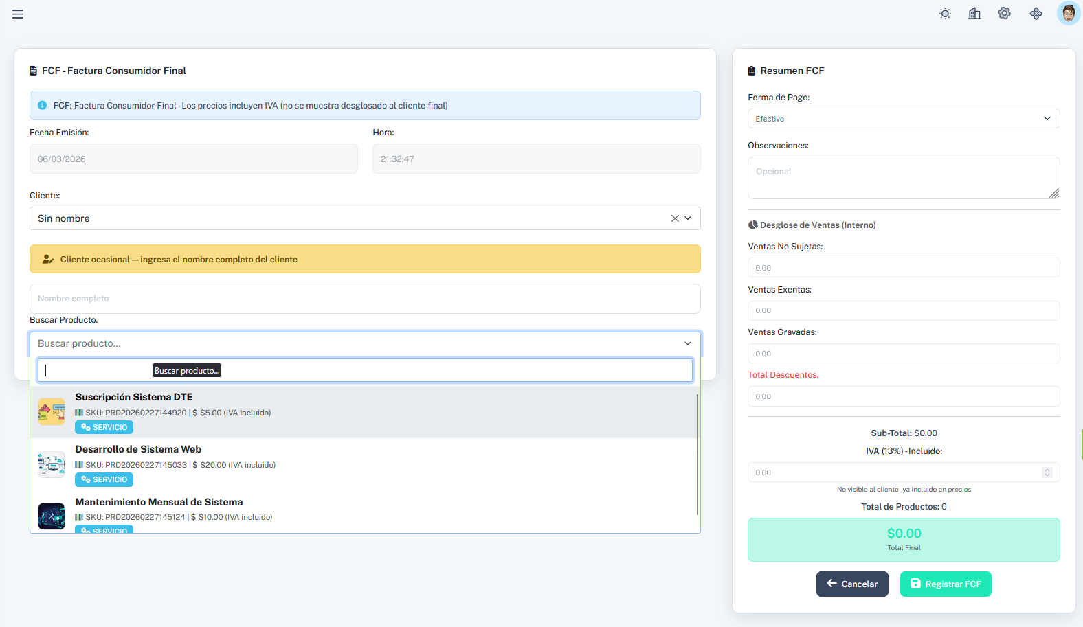 Formulario de emisión FCF con búsqueda de productos
