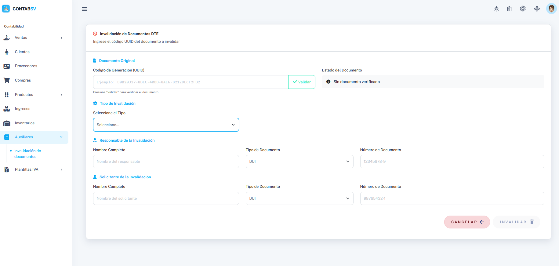 Formulario de invalidación de documentos DTE